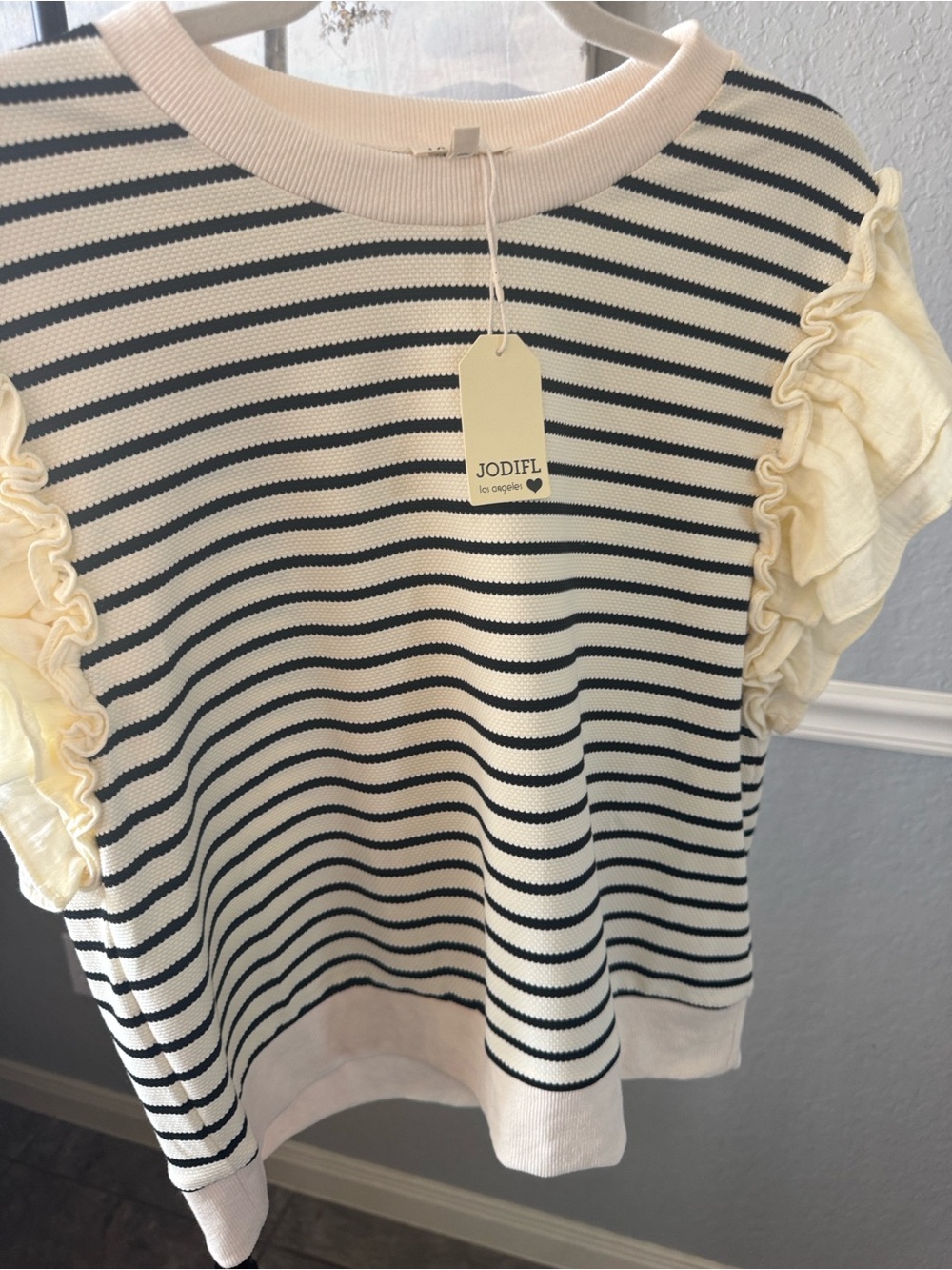 JODIFL Cream & Black Striped Ruffle-Sleeve Knit Top